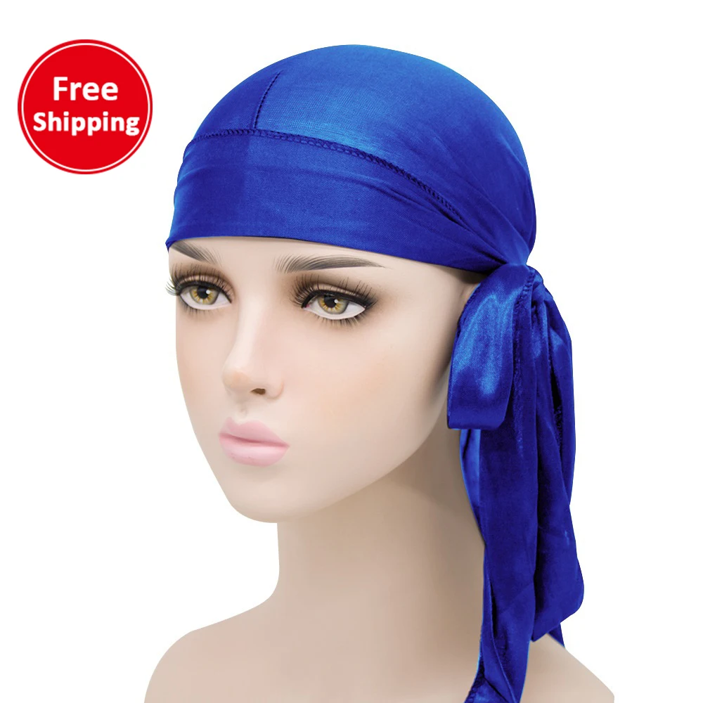 

Custom Silk Durags Long Tail Trendy Plain Unisex Headwrap Silky Satin Velvet Durags Hat for Men Women
