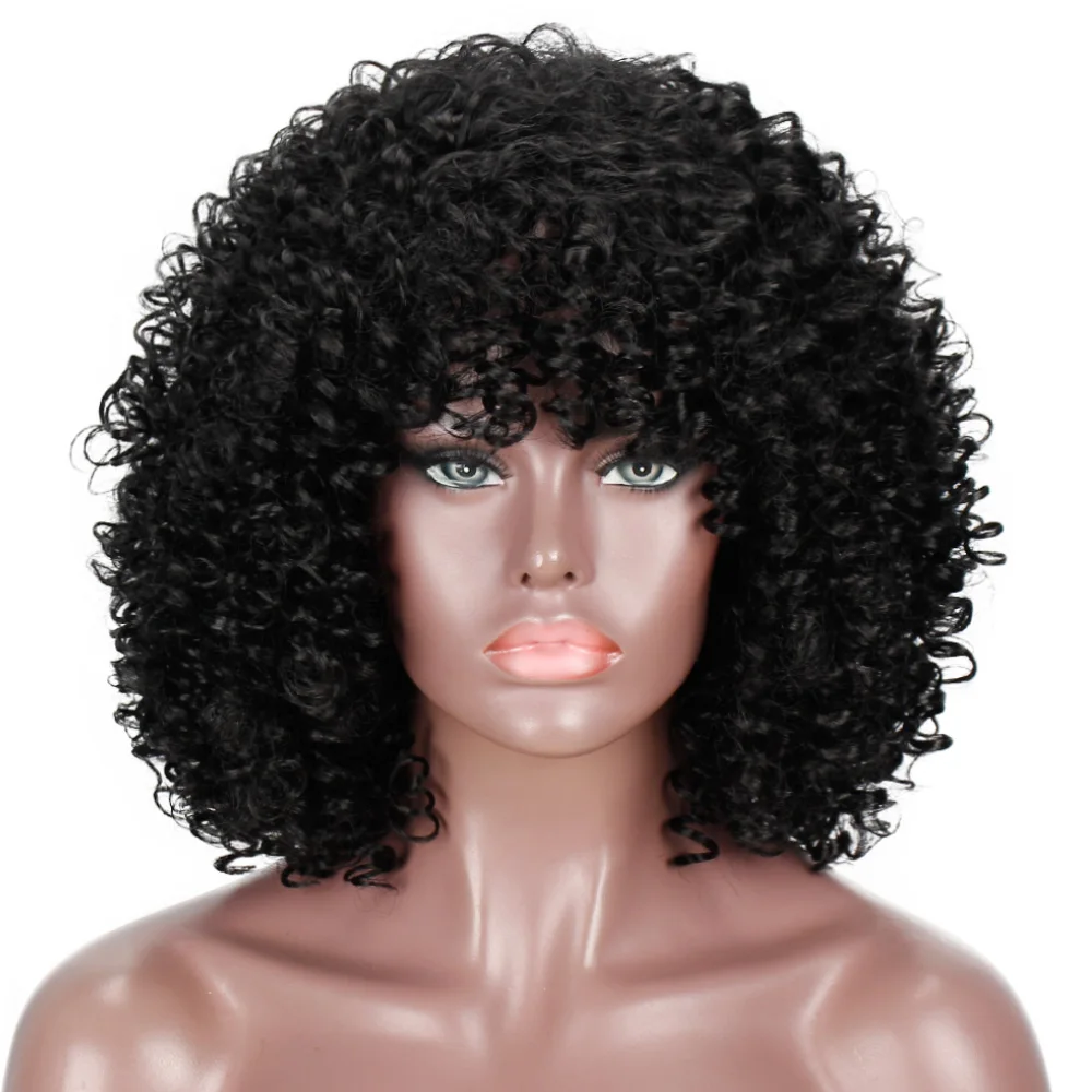 Vigorous 14 Inches Afro Kinky Curly Wigs Synthetic Short Wig With Bangs ...