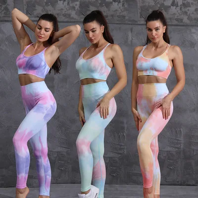 

2021 New Design Active Wear One Shoulder Bra And Leggings Set Fitness Sportwear Women Print Tie Dye Yoga Set, Customized colors