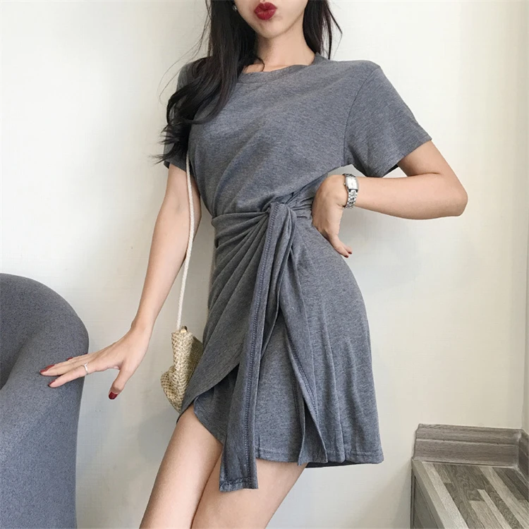 

Fashion slimming women's dress outer wear medium and long solid color round neck short sleeve t-shirt for women lady dresses