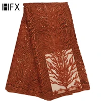 

HFX Burnt Orange African Wedding Lace Sequin Embroidery French Net Lace Fabric for Party