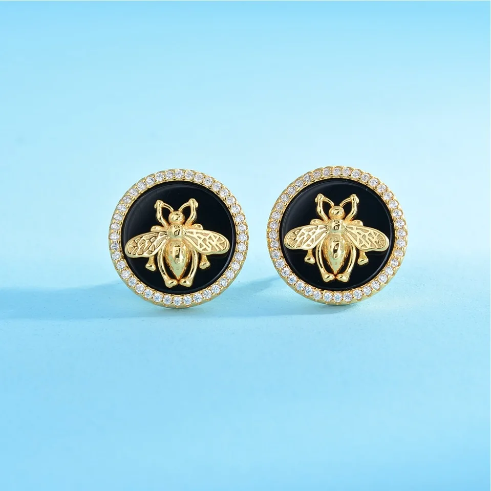 

Amazon Hot Wholesale Sterling Silver Earrings With Agate Bee Earing Gold Plating Of Black Agate Zircon Earrings Stud, As picture