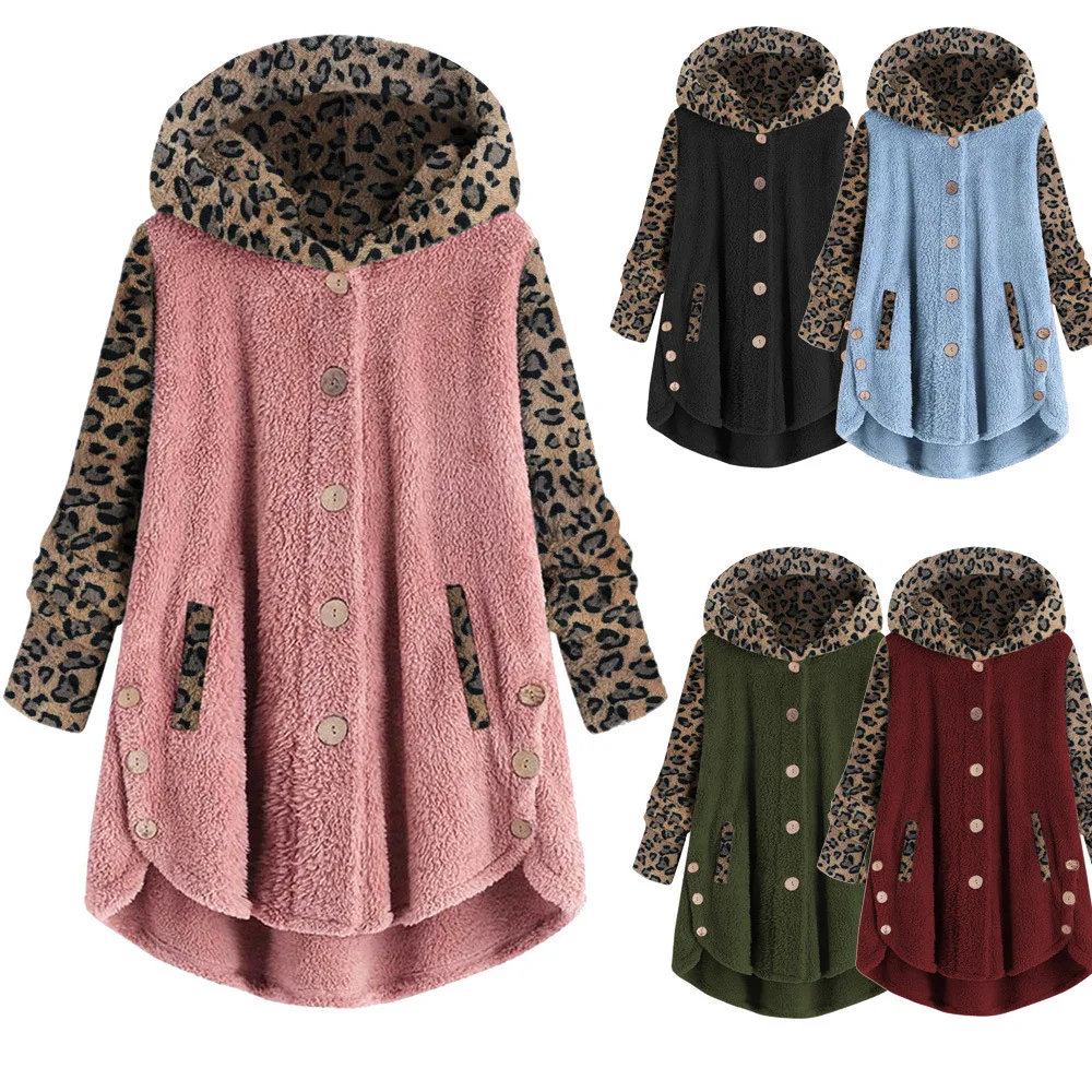 

2021 Autumn And Winter Plus Size Women's Button Long Sleeve Leopard Stitch Hooded Plush Coats For Ladies
