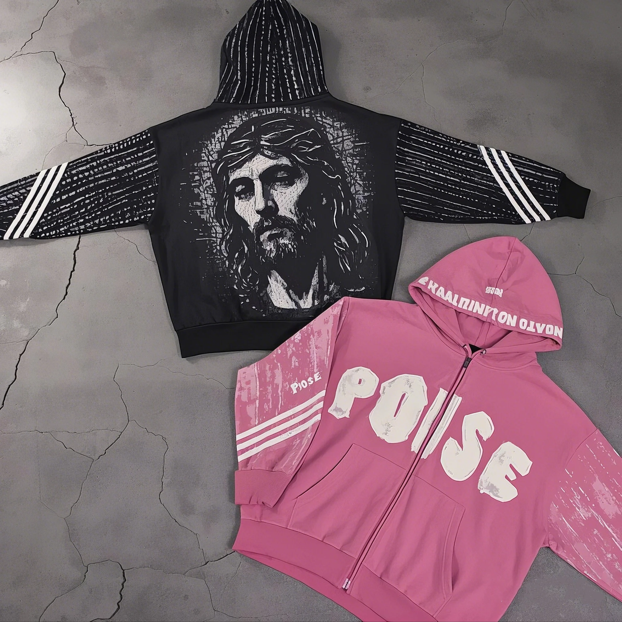 New Fashion Y2K Streetwear Sun Faded Vintage Pullover Acid Wash Applique Patch Letter Rhinestone Zip up Hoodie for Men