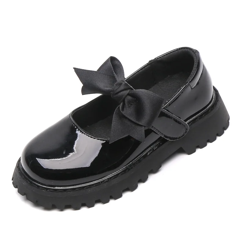 

Girls' Leather Shoes Bright Leather Big Head Princess Shoes Bow Soft Sole, Black