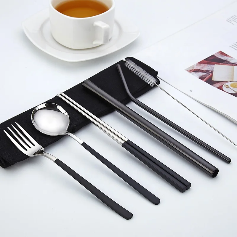 

Reusable Metal Cutlery Travel with Portable Chopsticks Set Of Spoon Knife Fork Straw And Case