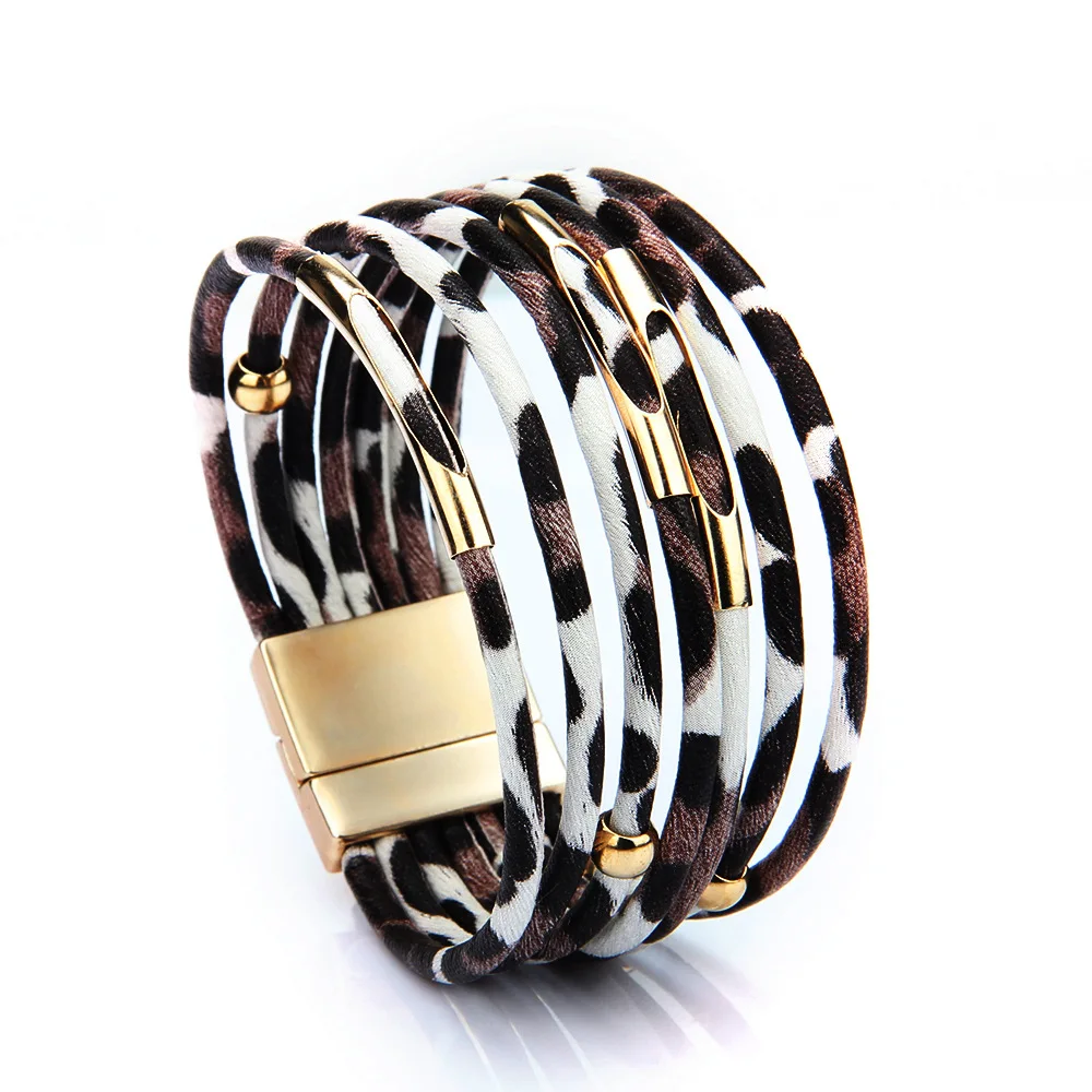 

New Arrival European Magnetic Buckle PU Leather Cuff Bracelet Multi Layer Leopard Leather Wrap Bracelet