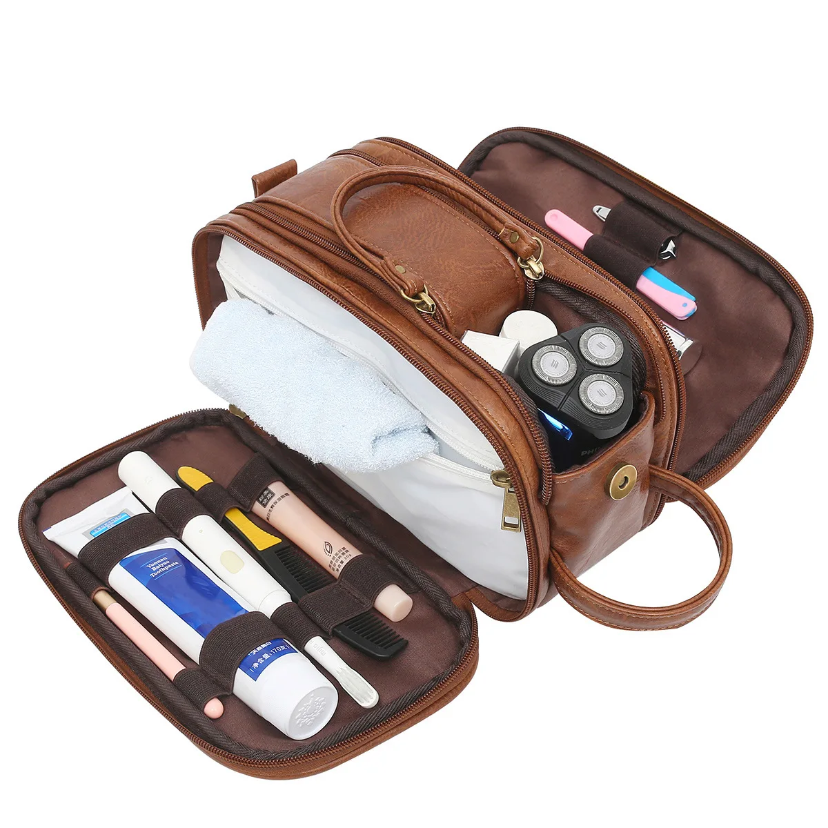 

Hot Sale Toiletry Bag for Men PU Leather Cosmetic Bags Large capacity shaving bag Leather Travel Organizer Kit