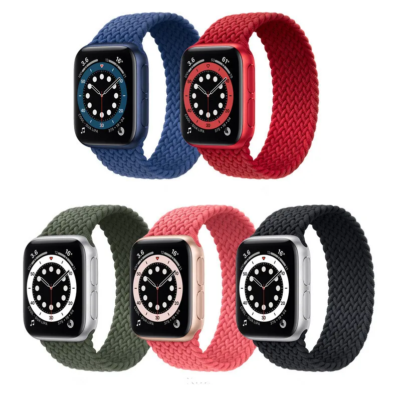 

New Accessories For Apple Watch Series 6 Braided Solo Loop Watch Band Soft Silicone Elastic Watch Strap Bands, Black/red/blue/green/pink