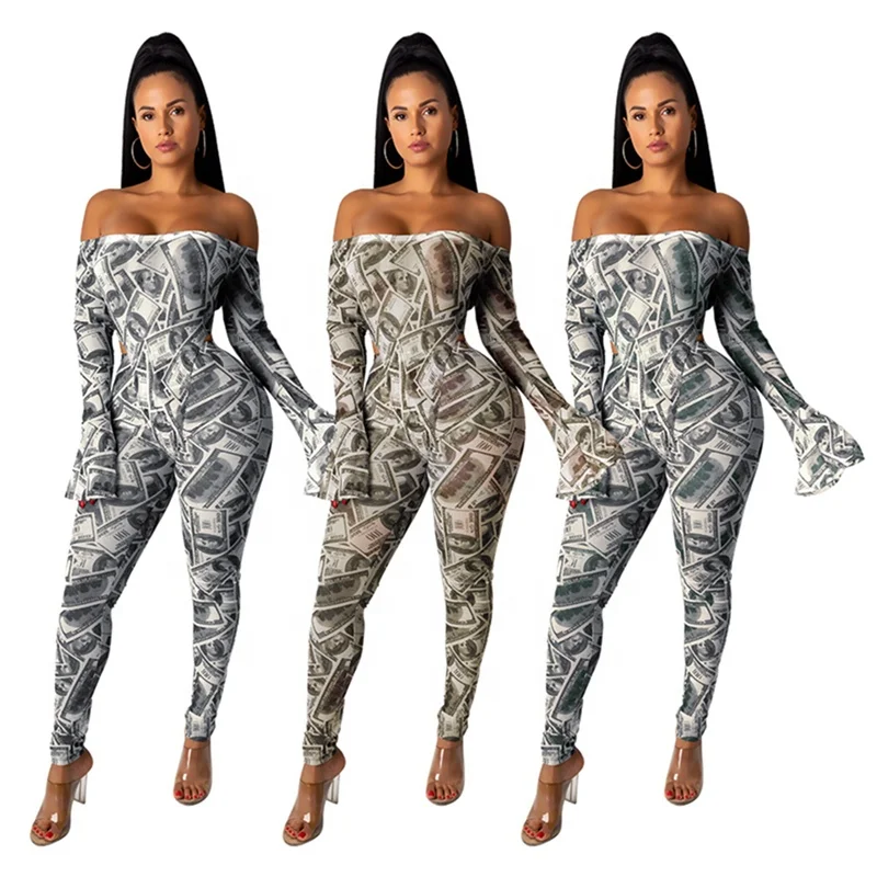 Flared Sleeve Cutout Dollar Money Women One Piece Jumpsuit