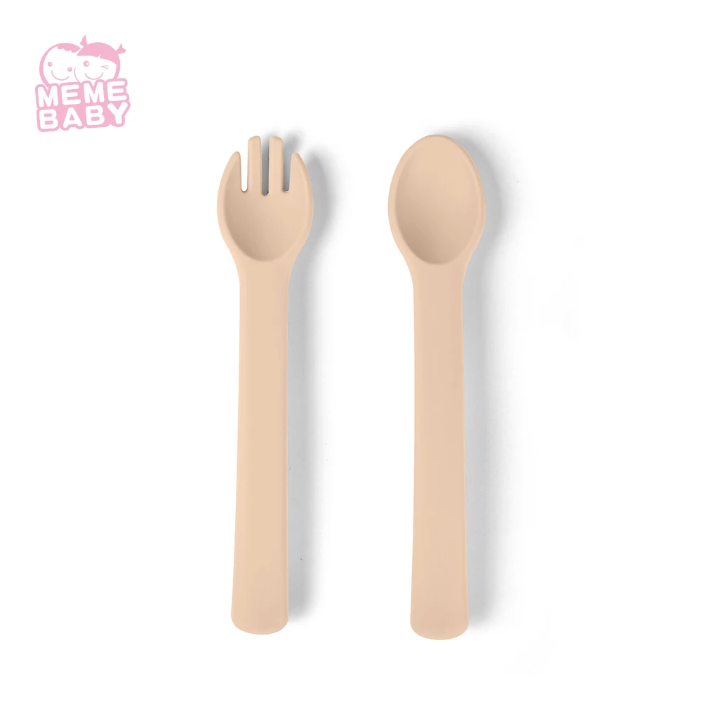 

BPA Free Wholesale Silicone Spoon And Fork Set Baby Dinnerware Cutlery Set Travel Reusable Cutlery, Beige,pink,rust,grey,blue