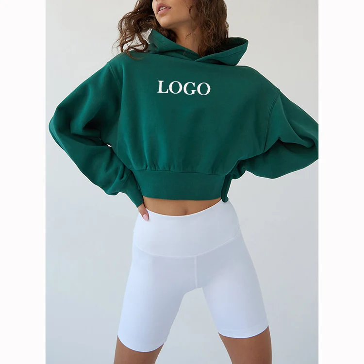 

2021 fitness cotton sublimation blank no labels bulk custom logo crop top hoodie short pants set sweatshirt for women, Customized color