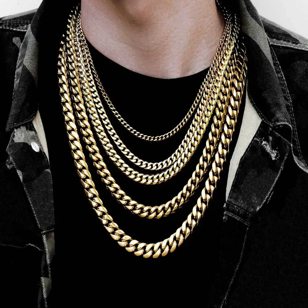 

Wholesale Hip Hop Cuban Curb Link Mens Miami Stainless Steel 14k 18k Gold Plated Chain Necklace Cuban Link Chain