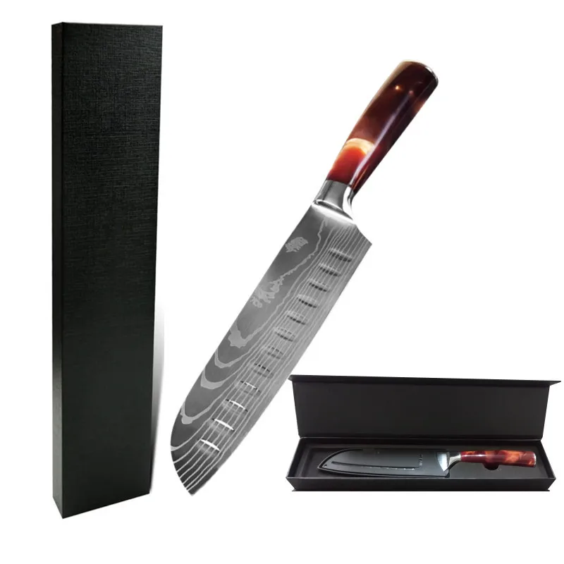 

7 Inch Carbon Steel Kitchen 0 MOQ With drop shipping multifunctional cooking yangjiang super sharp red resin Santoku Gift Knife, Silver