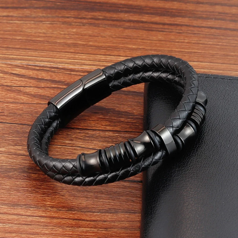 

XuQian Stainless Steel Bracelet Genuine Classic Leather Braided Bracelets For Men, Customized color