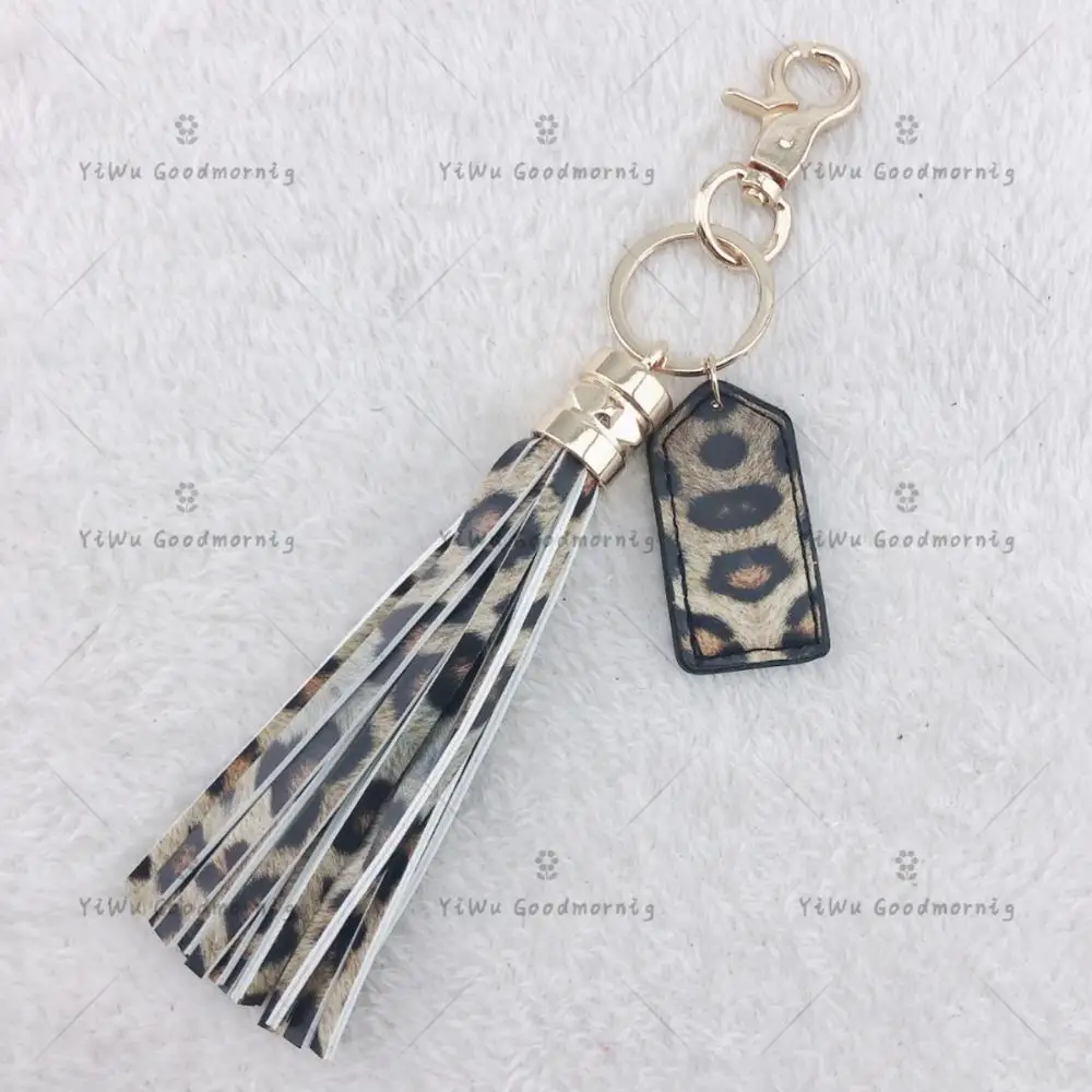 

Personalized leopard print Leather Tag and Leather Tassel Keychain, Plated silver