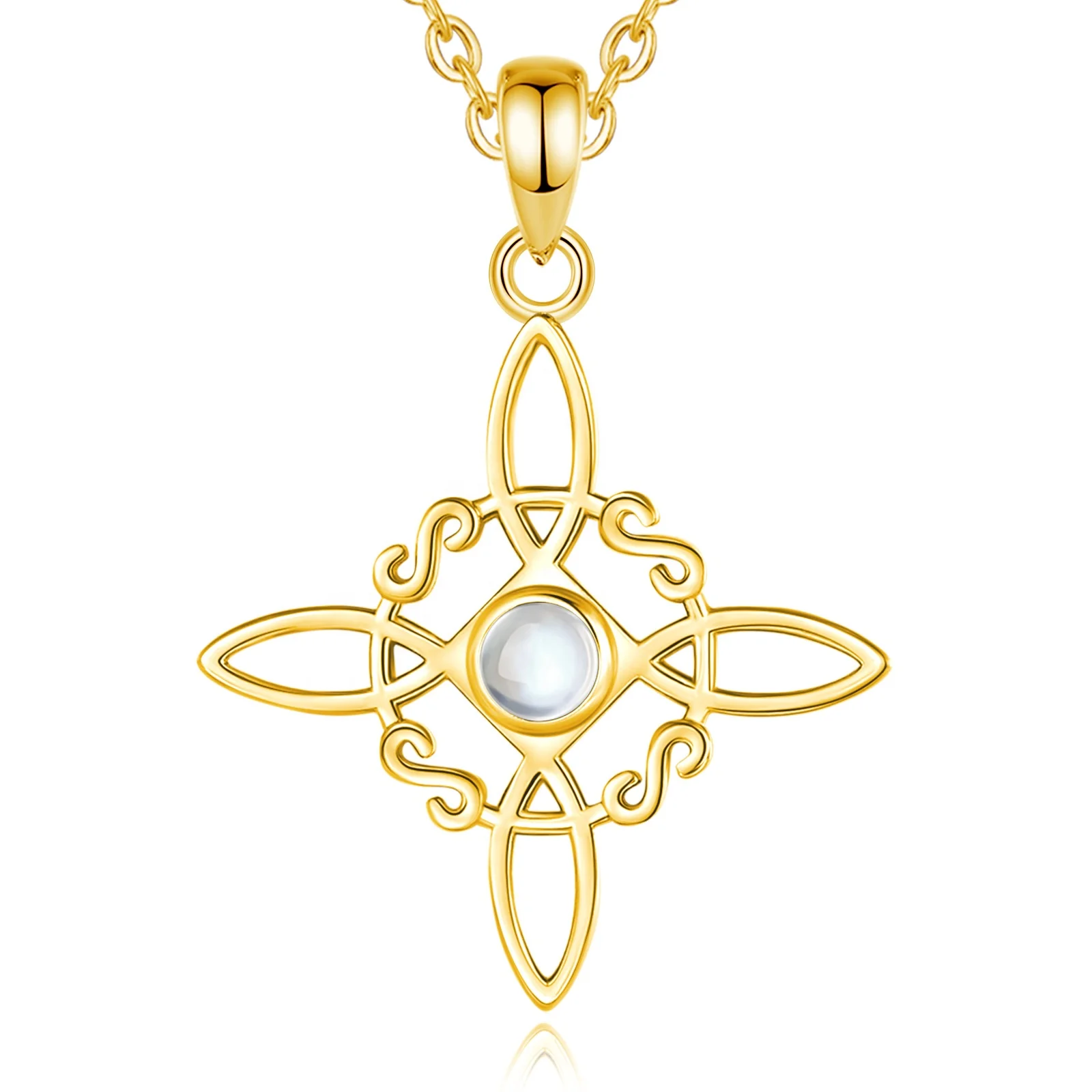 

Unique Design 925 Sterling Silver 18K Gold Plated Witch Jewelry Wicca Knot Pendant Necklace with Moonstone