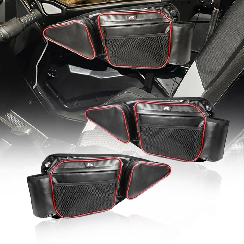

With Knee Protection 2 Pack Front Door Alloy Car PU Mesh Storage Bag, Black bag with red stitching