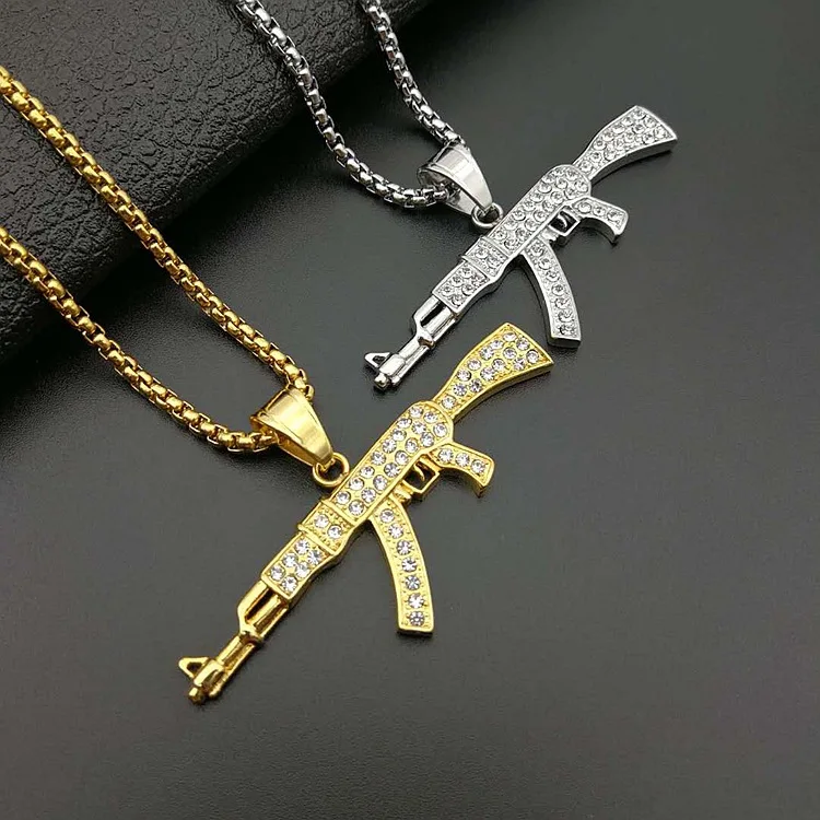 

High Quality Hip Hop Style Stainless Steel Titanium Rhinestone Crystal Gun Charm Pendant Necklace Men