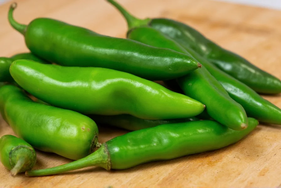 Close-up of various green chili peppers including jalapeño, serrano, and poblano arranged on wooden cutting board