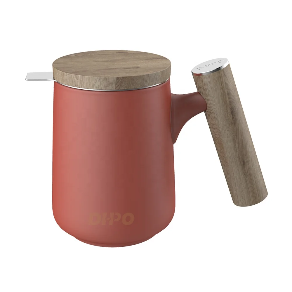 

DHPO 500ml red ceramic tea mugs with infuser and lid and wooden handle, Black, white, gray, red, blue, green, yellow