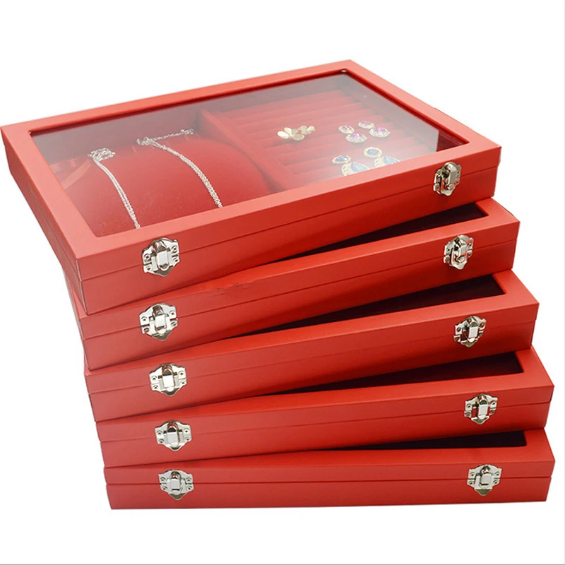 

Necklace Ring Jewelry Red Box Glass Cover Storage Box Stud Earring Wheel Stud Earring Jewelry Holder Accessories Display Rack, As the picture shown