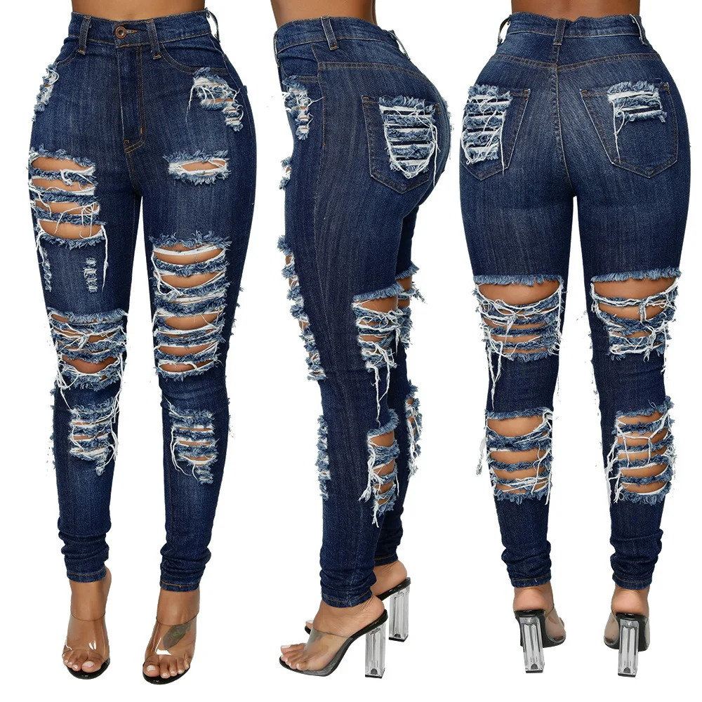 

Wholesale Dark Blue Ladies Jean Women Destroyed Skinny Denim Jeans High Waist Women Pants