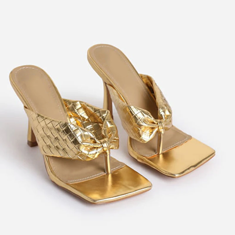 

Gold Silver Stock Luxury Flip Flops High Heeled Slippers European Leather Women Heels Fashion Hot Sale Sandals