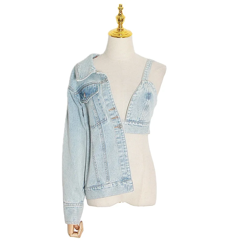 

2021 Fall clothing women wholesale high street women asymmetrical design short crop women denim jacket