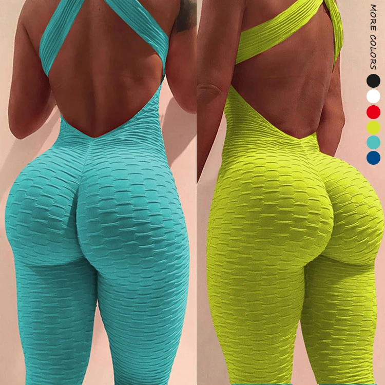 

New Solid Color Jacquard Workout Backless Jumpsuit High Waist Leggings Fitness Butt Lift Yoga Pants