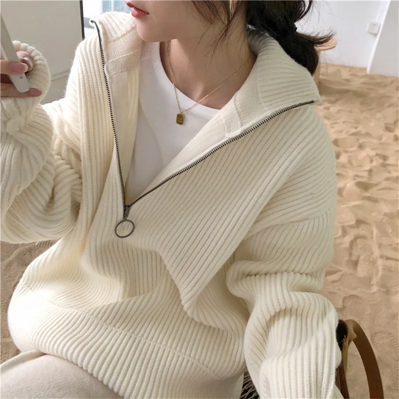 

knitted of shoulder sweater top long sleeve jumpers autumn and winter women's jumper zip cardigan sweater