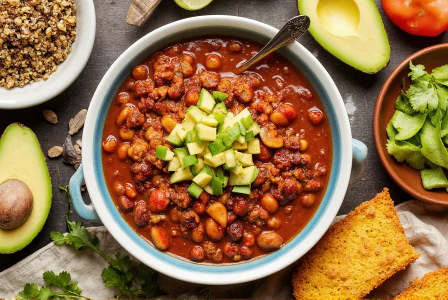 Colorful bowl of vegetarian chili surrounded by healthy side options including quinoa salad, avocado slices, and cornbread