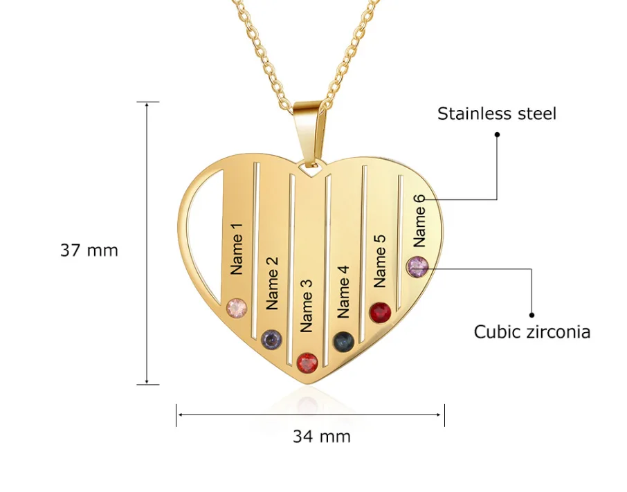 

Custom Stainless Steel Heart Design Engraved Name Necklace for Family, Silver/black/gold/rose gold