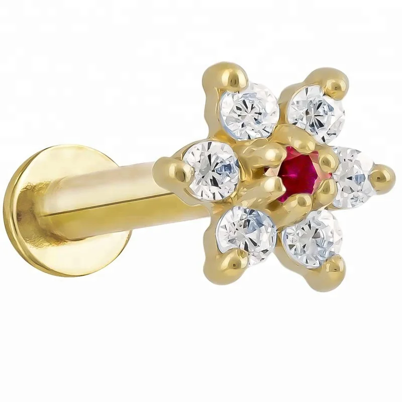 

14k Gold Labret Nail Piercing Jewelry with Clear Gem