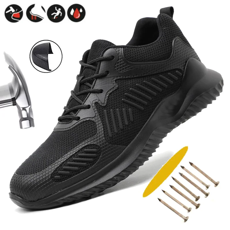 

Men Women Work Shoes Breathable Sneakers Light Non-Slip Steel Toe Work Safety Boot Anti-Puncture Safety Shoes Work Boots Shoes, Black