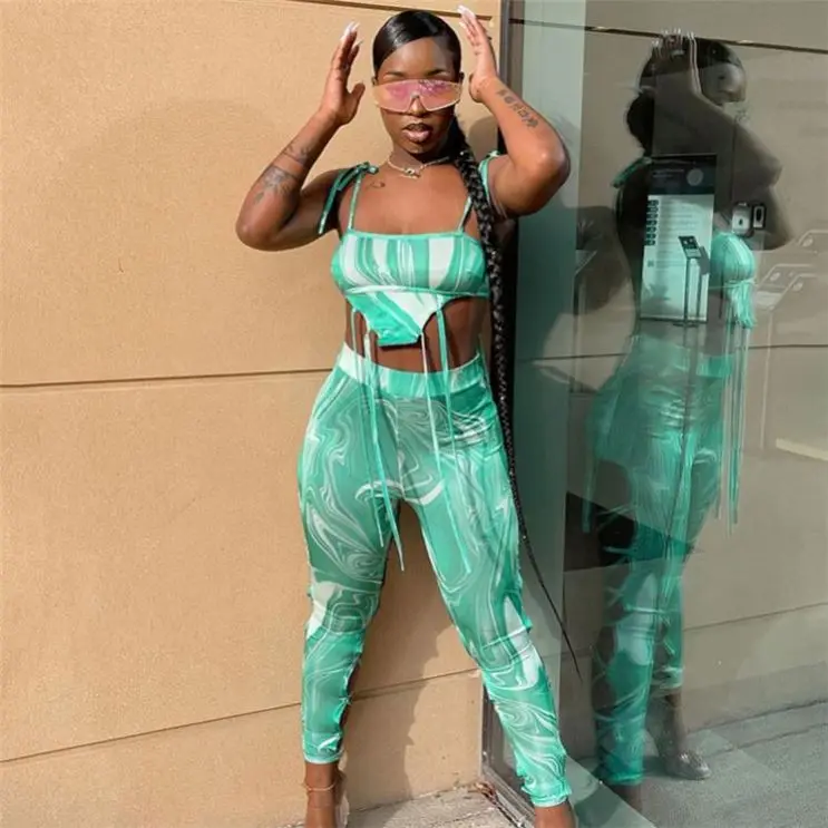 

MISSMOEN Fashionable Spaghetti Strap Printing Bandage Women Clothes 2021 Summer Outfits Two Piece Pants Set