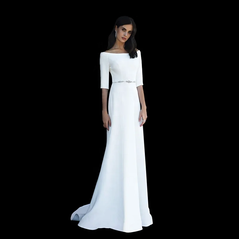 

2019 Modest Half Sleeve Boat Neck Bridal Trumpet Wedding Dresses, Customized