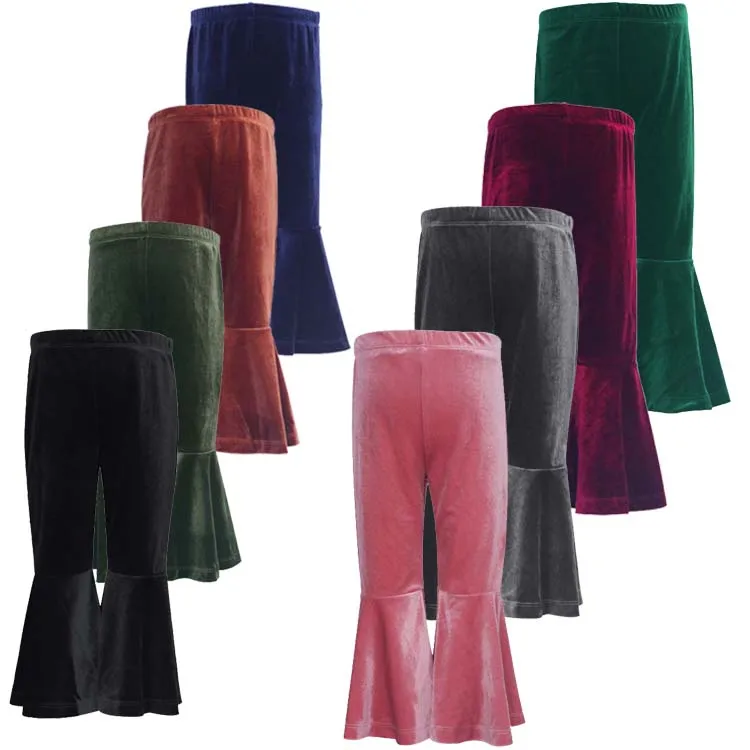 

Winter baby girls pants velvet blank color big ruffle hem trousers mid waist large kids bell bottom pants, Printed pants as picture shown