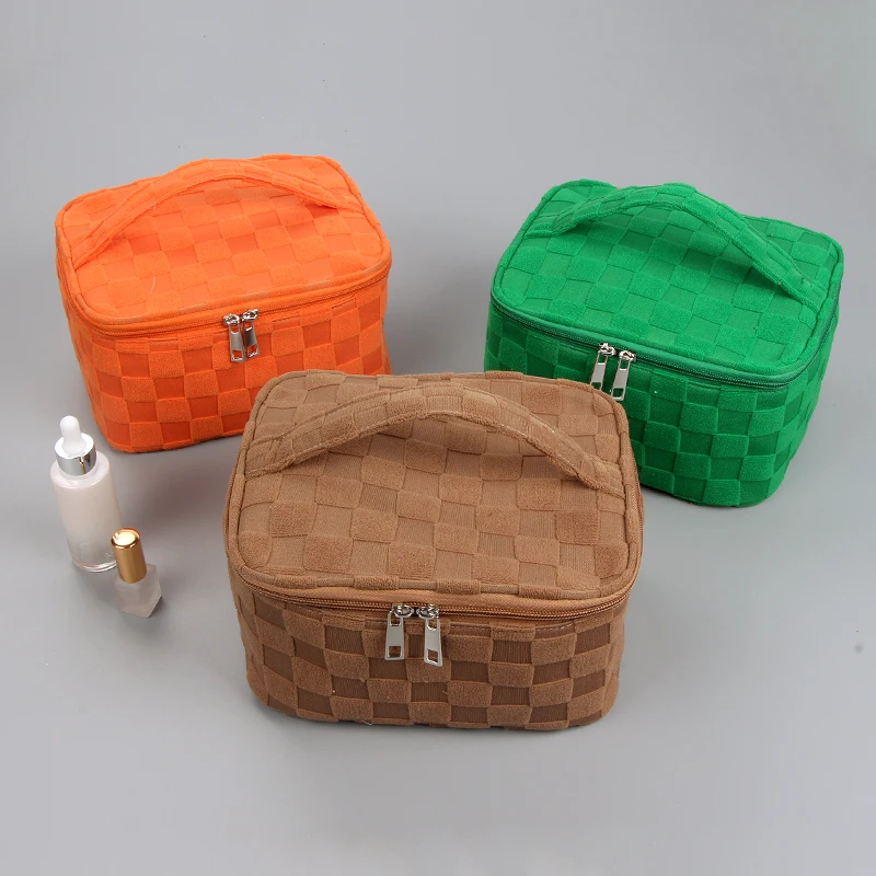 

Promotional Gift Terry Cloth Cosmetic Bag With handle Checkerboard Makeup Bag Towel Fabric Storage Bags Checkered Makeup Pouch