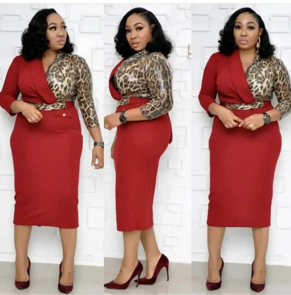 African American sexy casual dress for office ladies plus size women V neck hot midi dress leopard patchwork