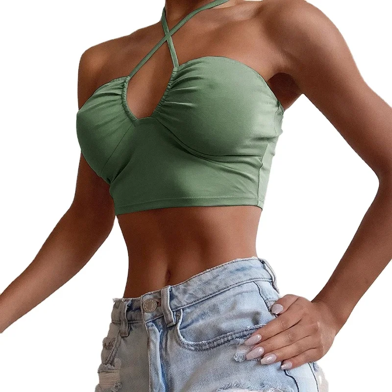 

Hot sale sexy halter crop tops camisole green sleeveless V neck strap vest camisole crop top, Green/white/black