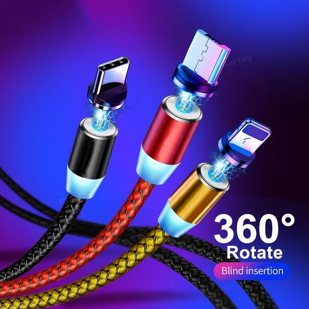 

Hot Selling original 360 degrees magnet phone charger cable multi usb Micro/IOS/Type C fast charging LED magnetic data cables, Blue green red pruple