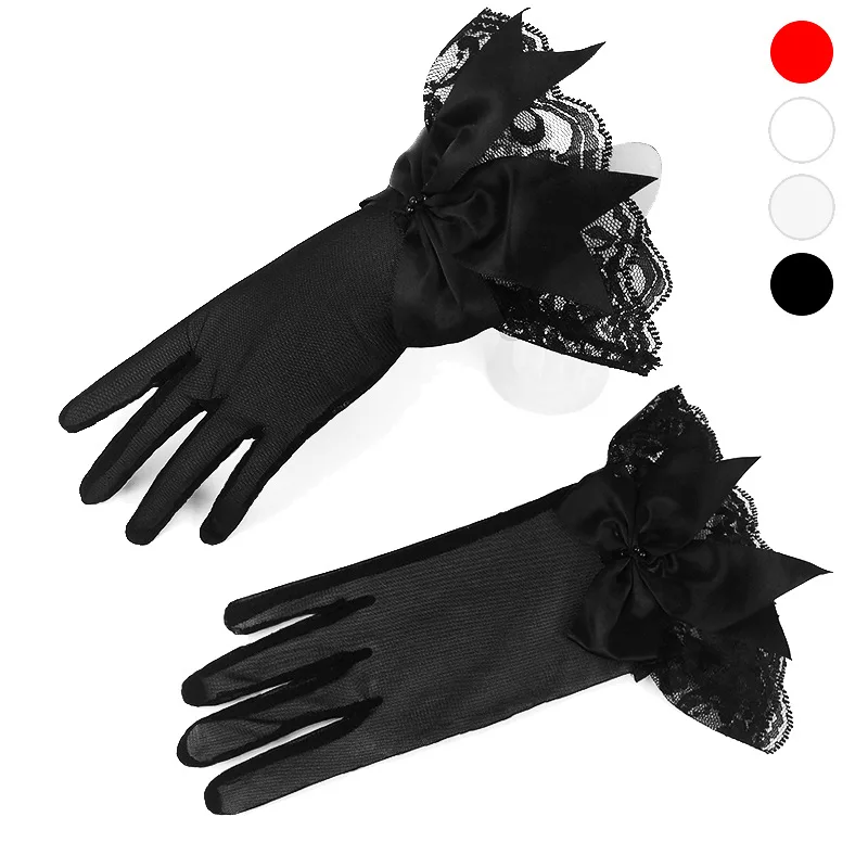 

New Fashion Accessories Wedding Dress Gloves Short Mesh Lace Trim Bow Gloves Red-Black Beige Bridal Glove