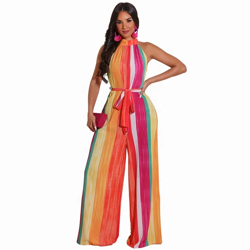 

New Summer Rainbow Loose Fitting Tie-Wrap Sleeveless Jumpsuits Street Wear Clothing Color Fashion Jumpsuit, Red