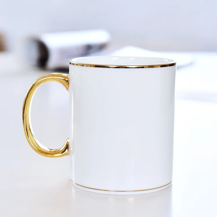 

Wholesale custom sublimation logo gold rim bone china mugs with gold handle, As pciture