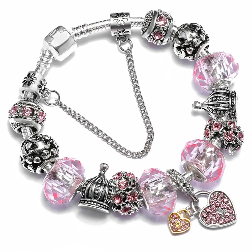 

European DIY Vintage Antique Silver Crown Charm Beaded Bracelet Pink Australia Crystal Double Heart Pendant Charm Bracelet