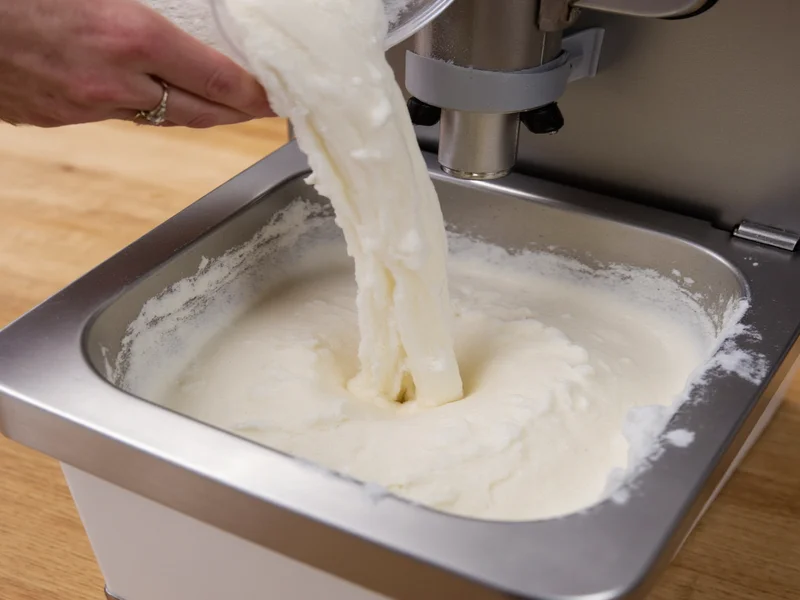 Hand pouring ice cream mixture into electric churn machine