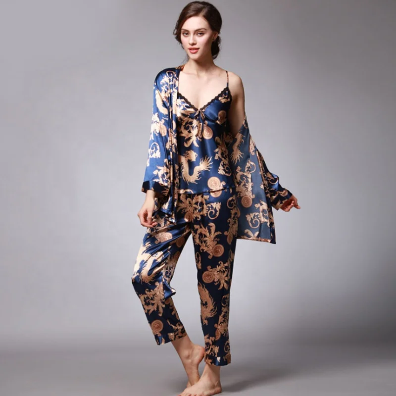 

wholesale Silk Pajamas Ladies Spring Summer printed Sleepwear set ice silk home clothing three-piece comfortable Women Sleepwear, Picture shows