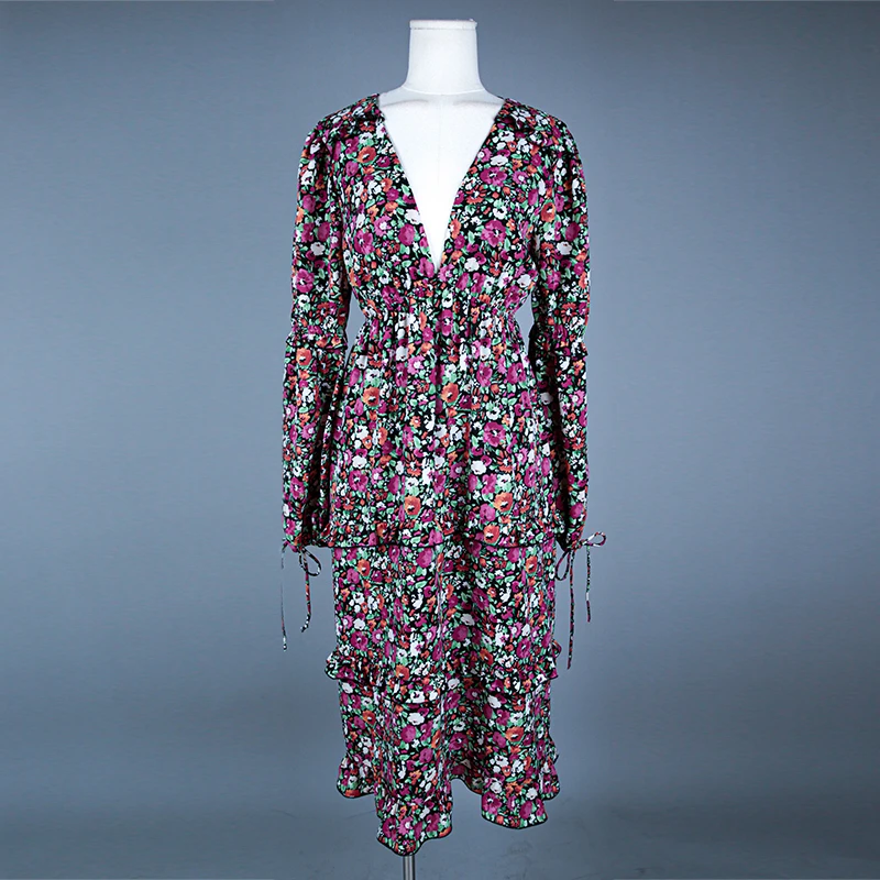 

Custom Elegant Lady Chiffon Ruffle Midi Dress Vestidos Women Floral Print Bohemian Summer Casual Dresses, Customized color