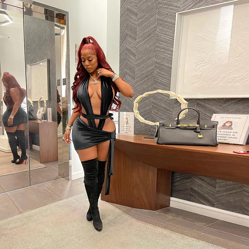 

H5787 - Women Sexy Skirt Bckless Strap Solid Two Piece Outfits